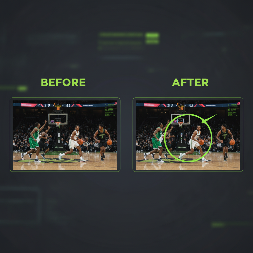 A comparison showing how a spot shadow helps identify a player in a basketball recruiting video clip.