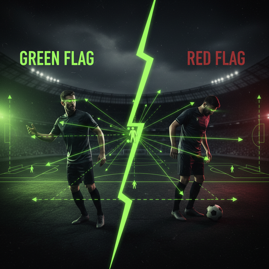 A midfielder demonstrating tactical awareness by scanning the field, with lime green overlays showing game intelligence.