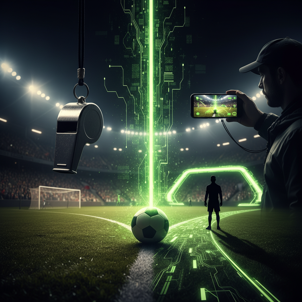 A fan using a smartphone with a lime green augmented reality overlay to view player stats in a dark sports stadium.