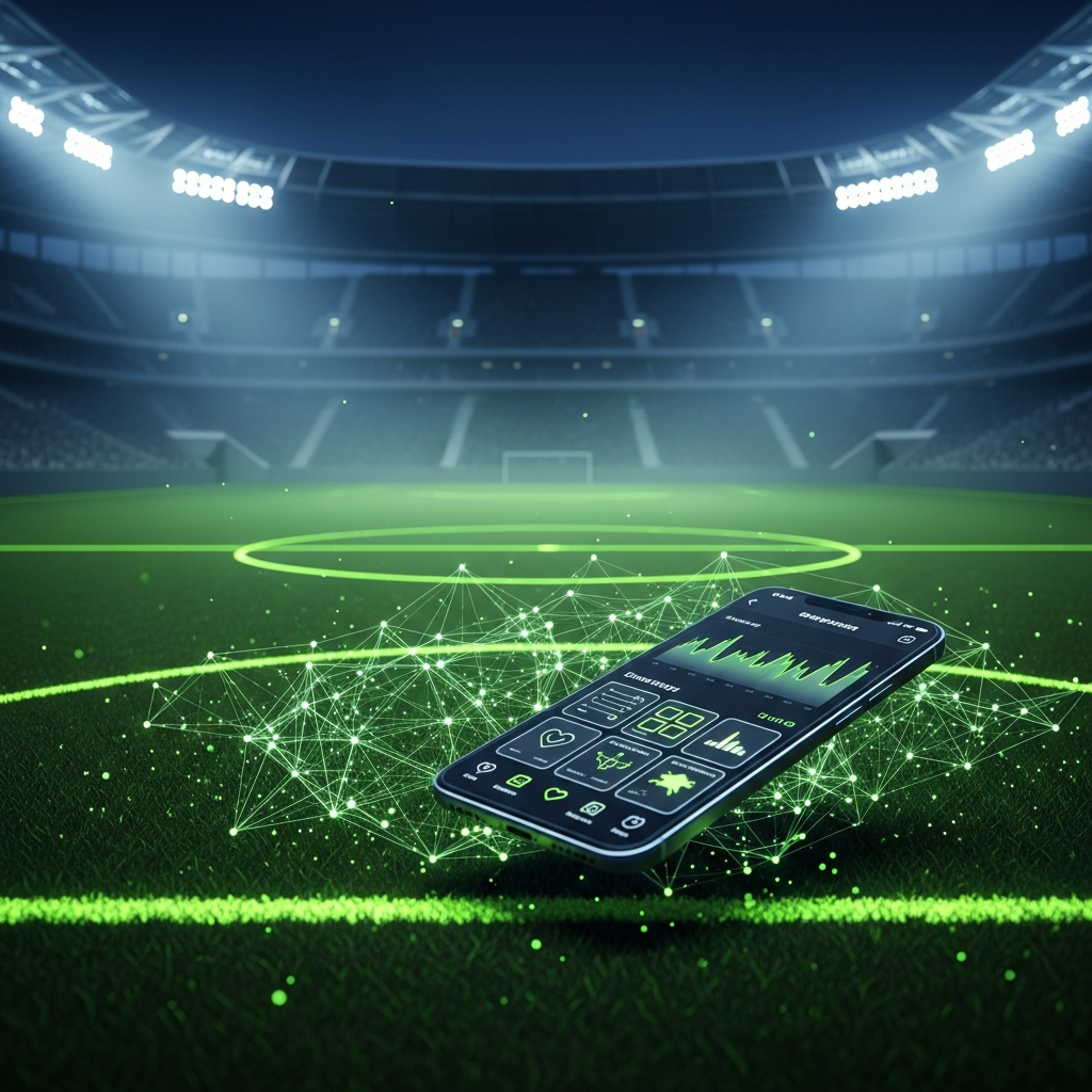 A 16:9 cinematic, dark-toned thumbnail featuring a modern smartphone displaying Instagram analytics against a moody football stadium background