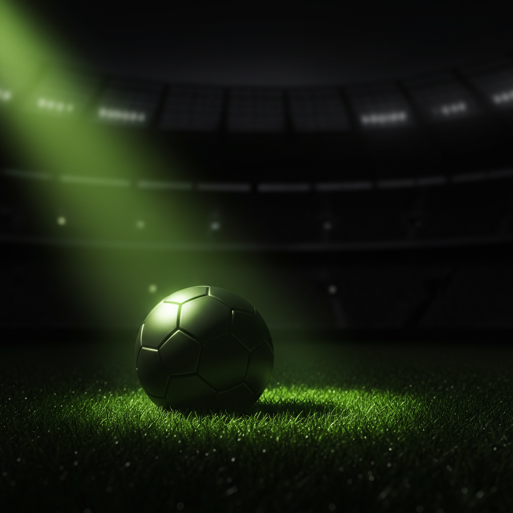 A flat lay of American football elements including a ball and whistle, illuminated by a lime green light on a dark background.