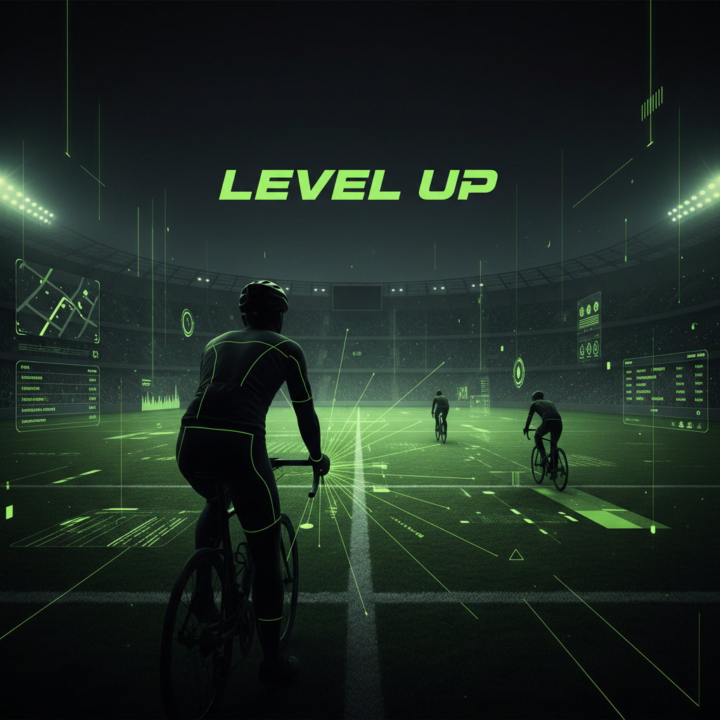 A cyclist avatar in a virtual world with visible XP points