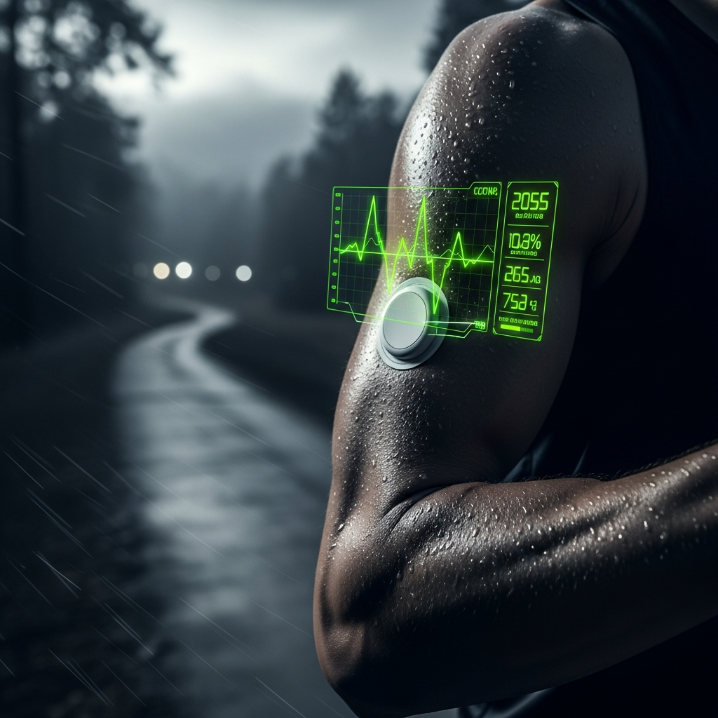 Close-up of CGM sensor on athlete arm with holographic data visualizations