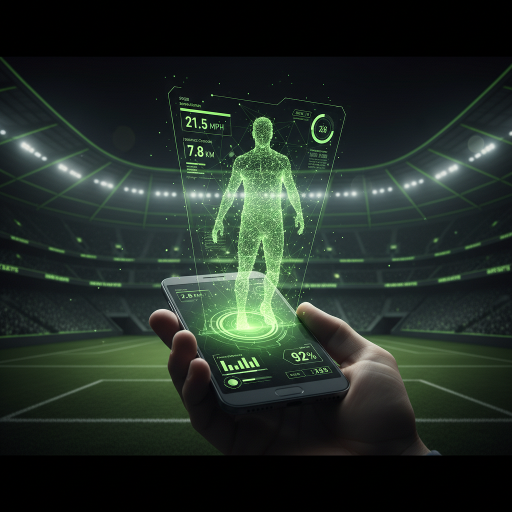 An AI-powered fantasy football assistant app on a tablet displaying data-driven lineup suggestions with player stats and matchup analysis.