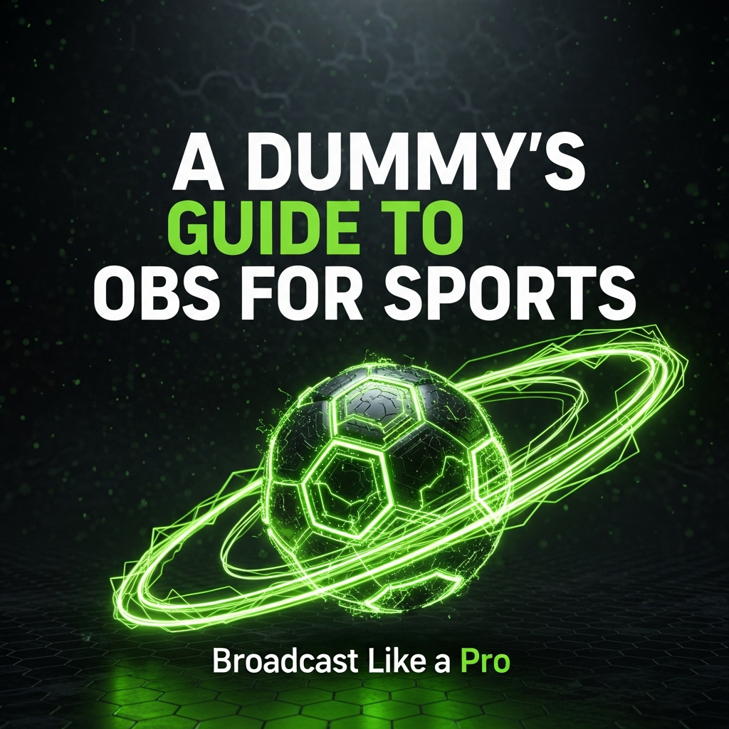 A dynamic sports graphic showing a stylized soccer ball with green energy lines and text: A Dummy’s Guide to OBS for Sports