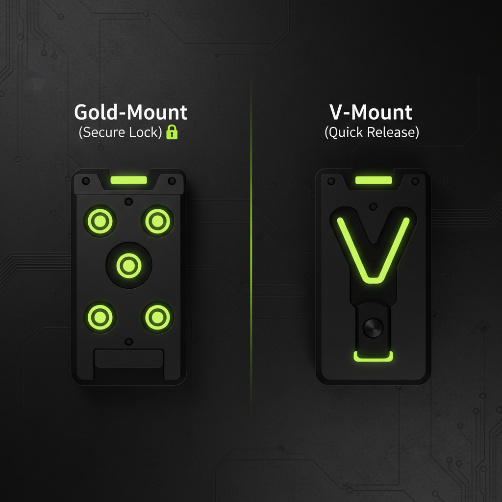 A comparison of Gold-mount and V-mount battery locking mechanisms used in broadcasting.