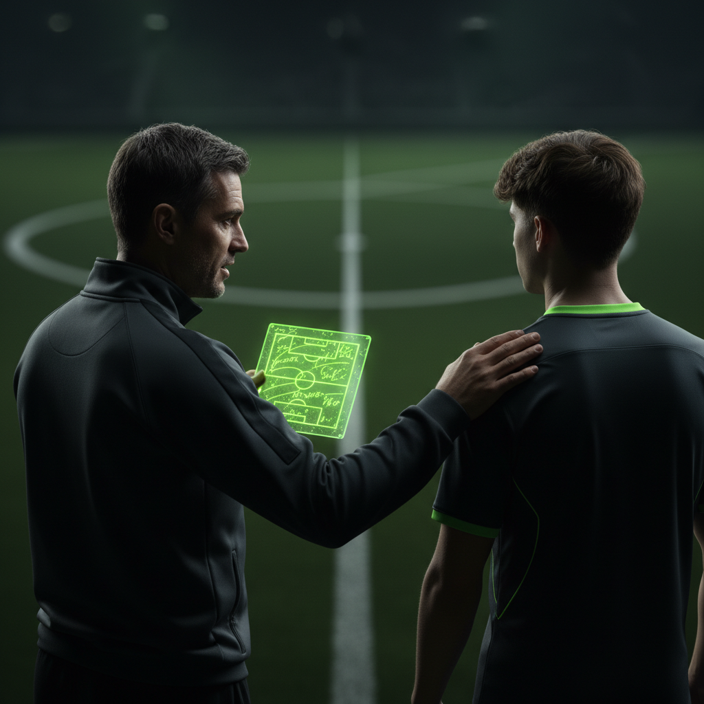 Over-the-shoulder shot of a coach speaking to a young player on the sidelines with dramatic lighting.