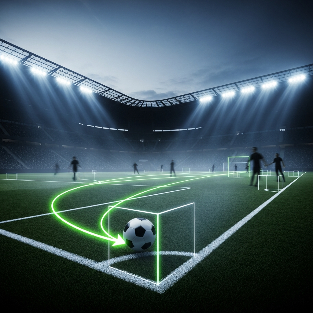 Cinematic sports stadium at dusk with AI tracking lines