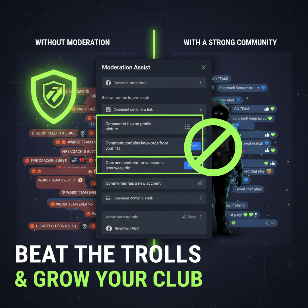 Setting up Facebook Moderation Assist with custom rules highlighted in lime green to automatically handle troll comments.