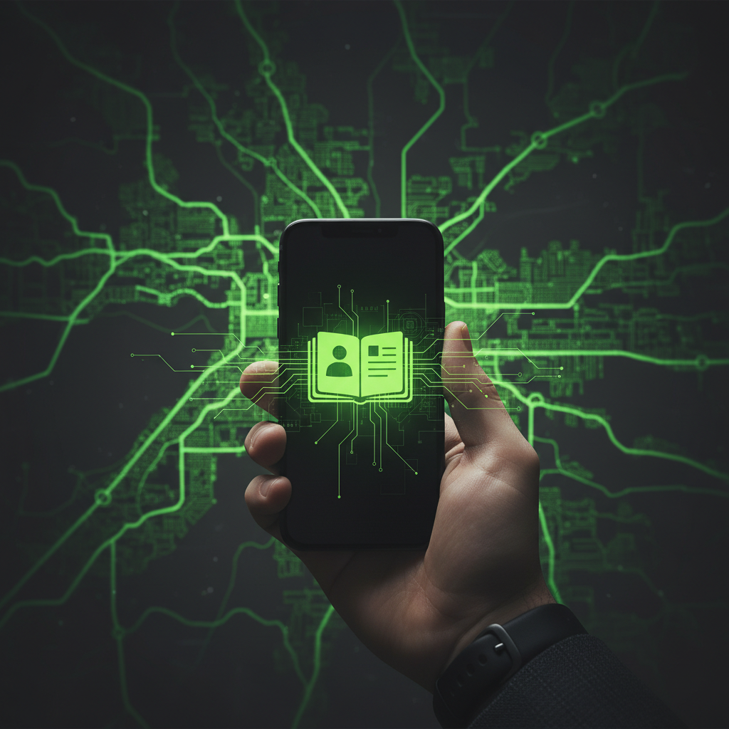 Glowing lime green icons of a newspaper, microphone, and TV connected by digital lines, representing a modern local media strategy.