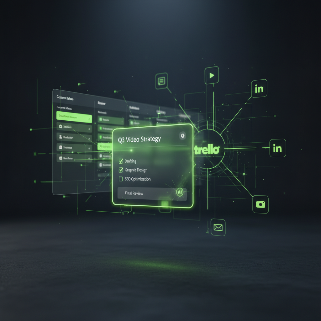Diagram showing Trello connected to various media platforms like YouTube and LinkedIn with lime green data streams.