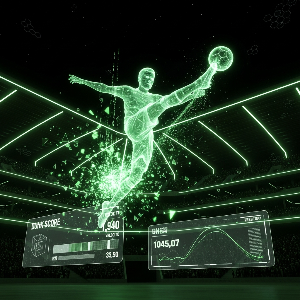 Futuristic football stadium with lime green holographic striker