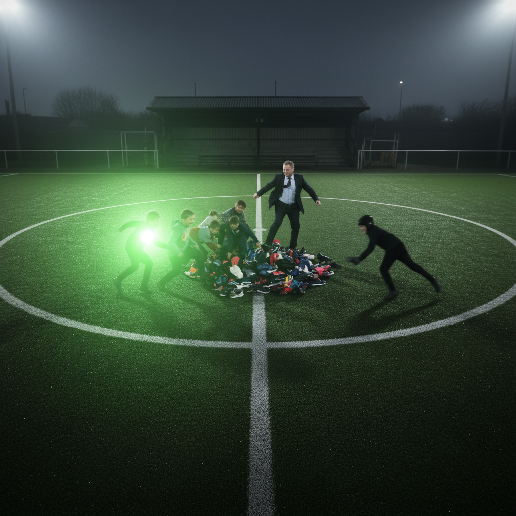 A local dignitary taking a funny penalty kick against a youth goalkeeper during half-time entertainment.