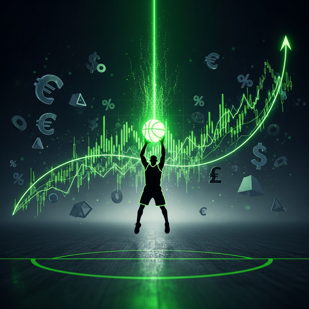 Cinematic athlete investor silhouette with financial data overlays