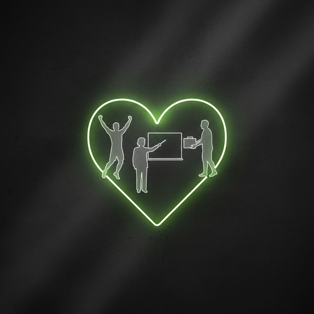 An infographic with a dark background and lime green icons showing how sports, schools, and charities connect to build fan loyalty.