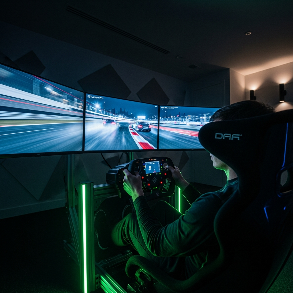 Professional sim racer in a neon-lit high-tech racing rig