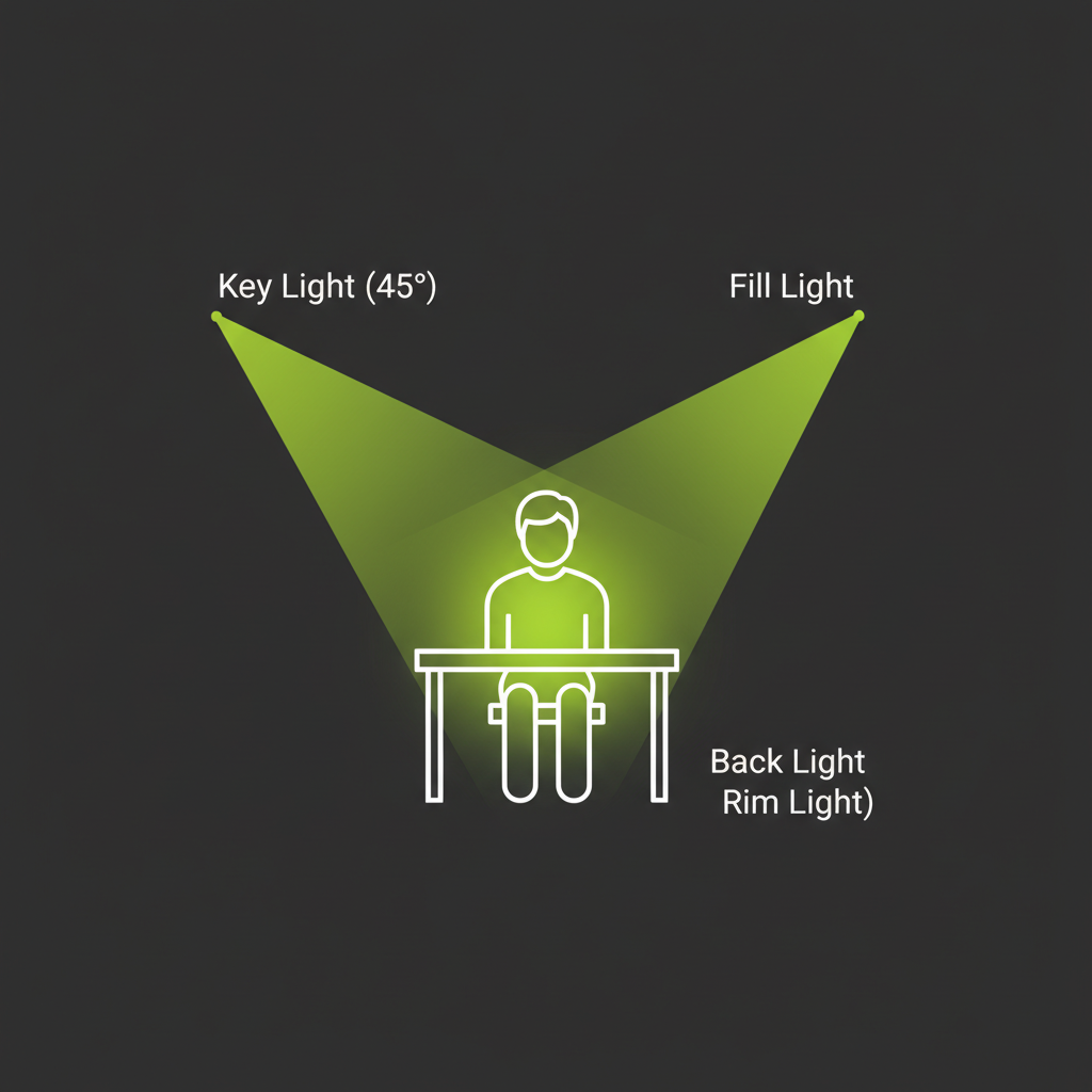 A diagram showing the three-point lighting setup with Key, Fill, and Back lights in lime green on a dark background.