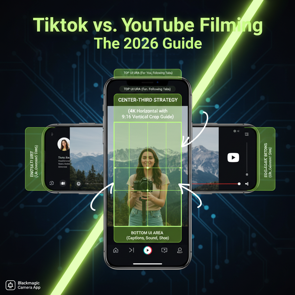 Diagram of TikTok safe zones for 2026, showing UI overlay areas to avoid in a dark and lime green color scheme.