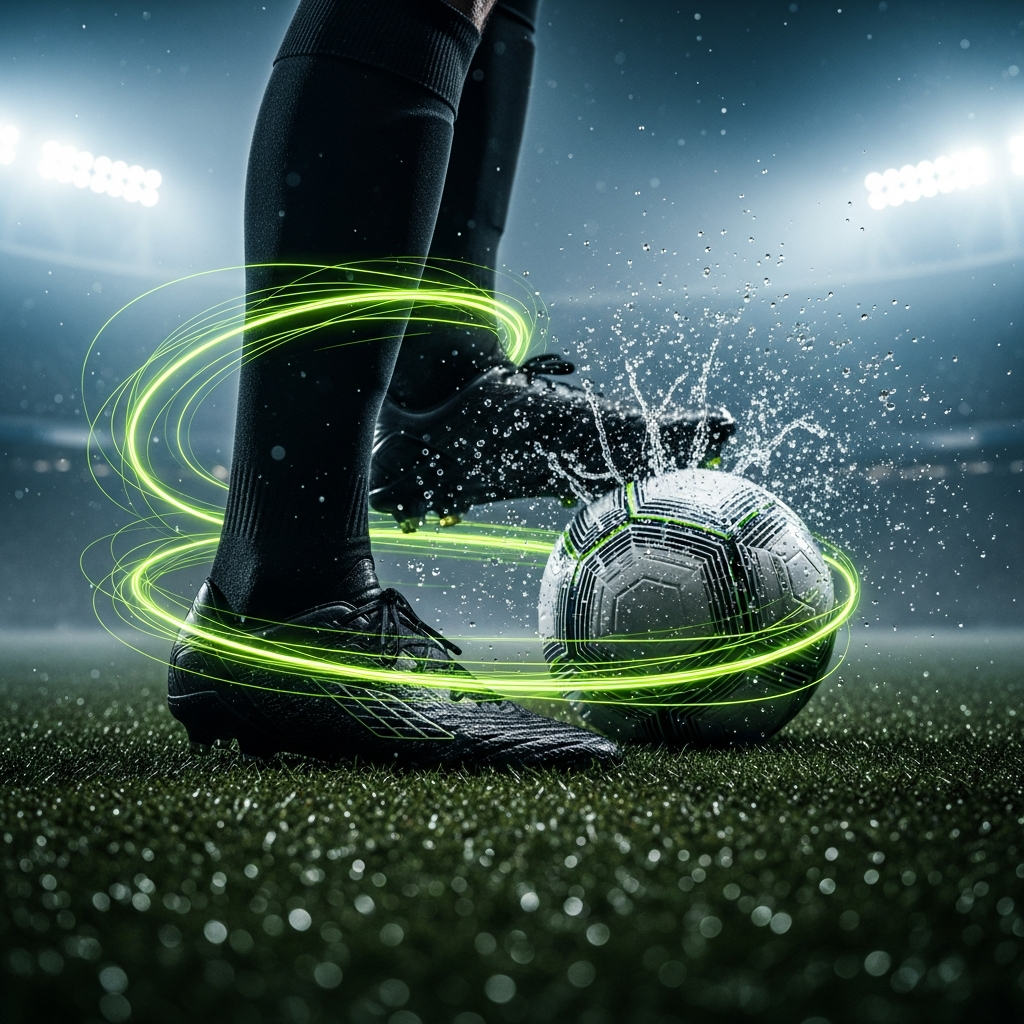 Dramatic football boot contact with ball at night