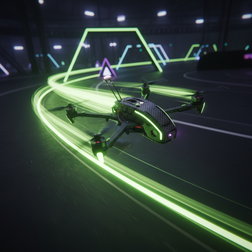 DRL pilots wearing FPV goggles competing in a high-tech arena.