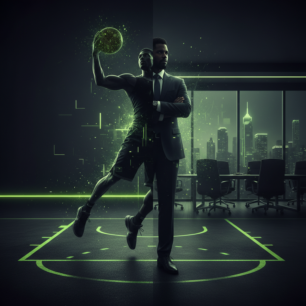 Silhouettes of business people in a luxury stadium suite overlooking a lime green field, representing B2B deals and high-net-worth investment in the sports industry.