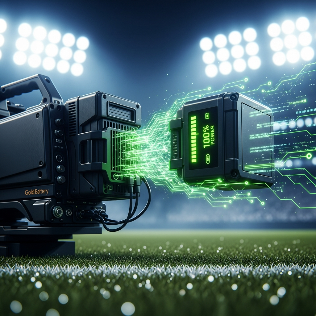 Professional broadcast camera on pitch at night