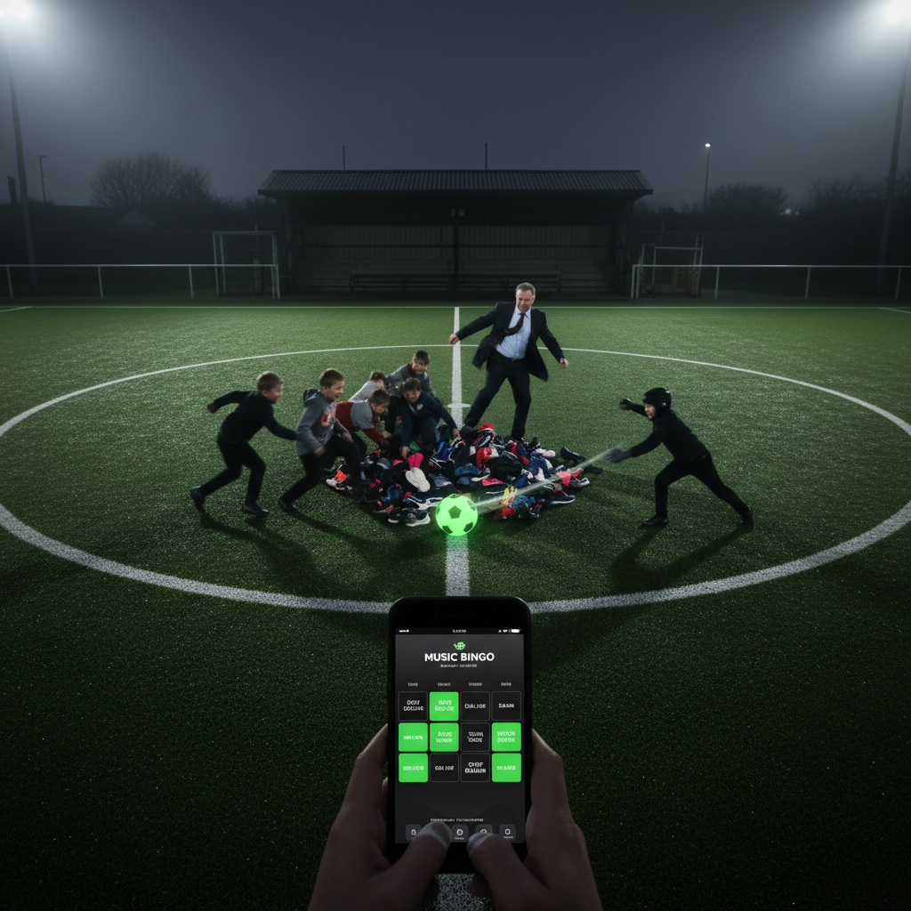 Children laughing and participating in a chaotic shoe scramble game on a football pitch at half-time.