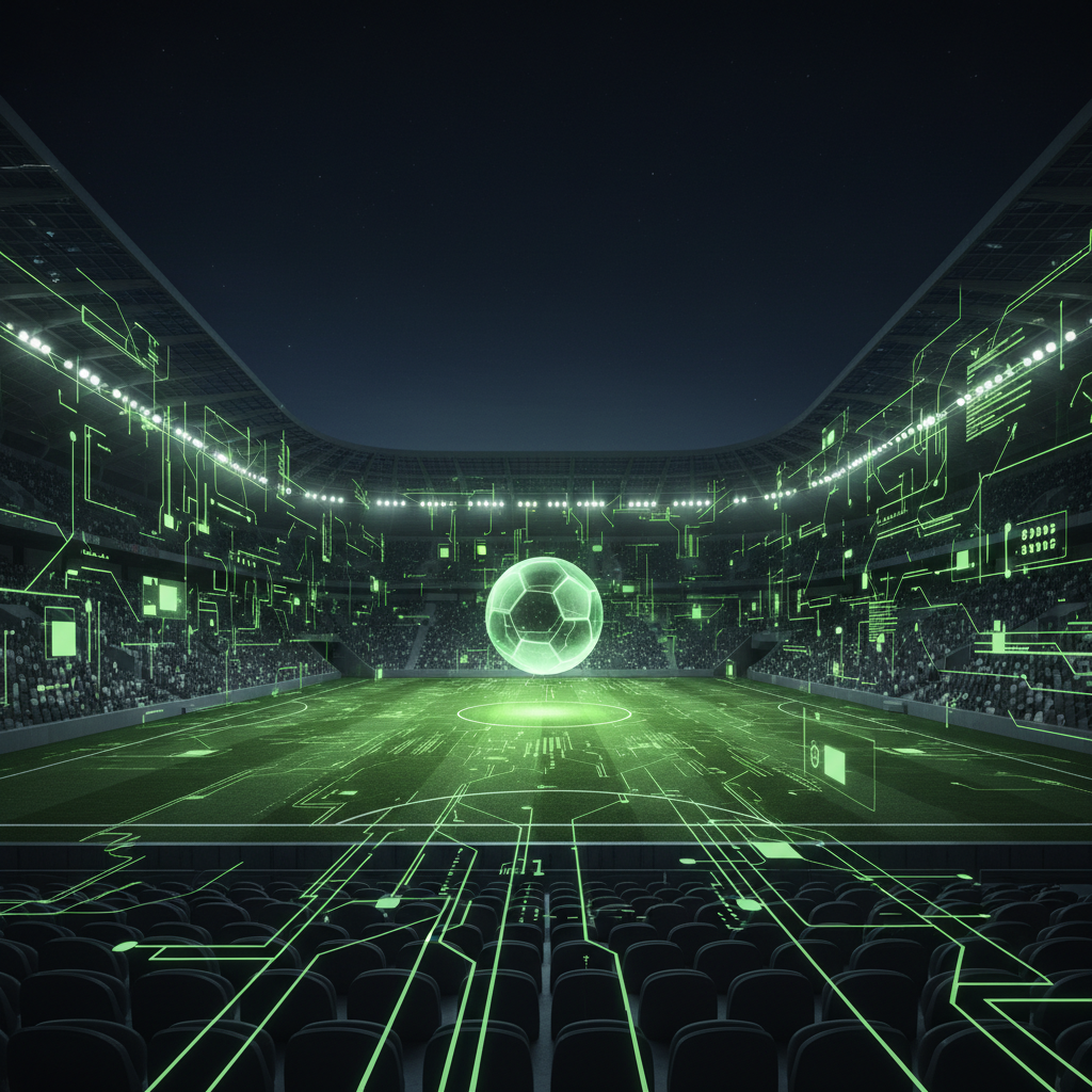 A smartphone displaying augmented reality player statistics in lime green over a live football game.