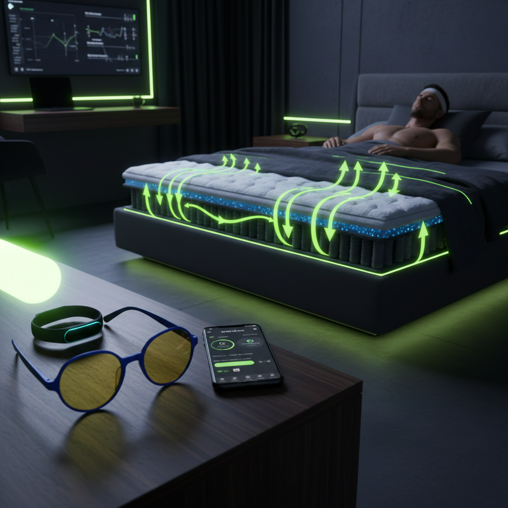 A pair of amber-lensed blue-light blocking glasses for athlete sleep optimization resting on a nightstand.