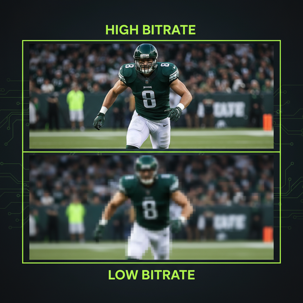 An infographic demonstrating the visual difference between a high bitrate and a low bitrate video export.