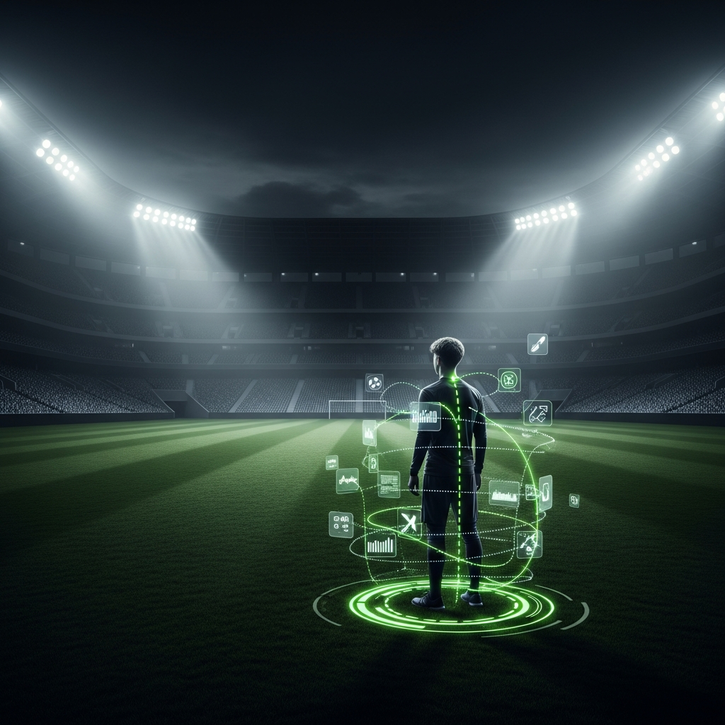 Professional athlete in atmospheric stadium with scouting analytics