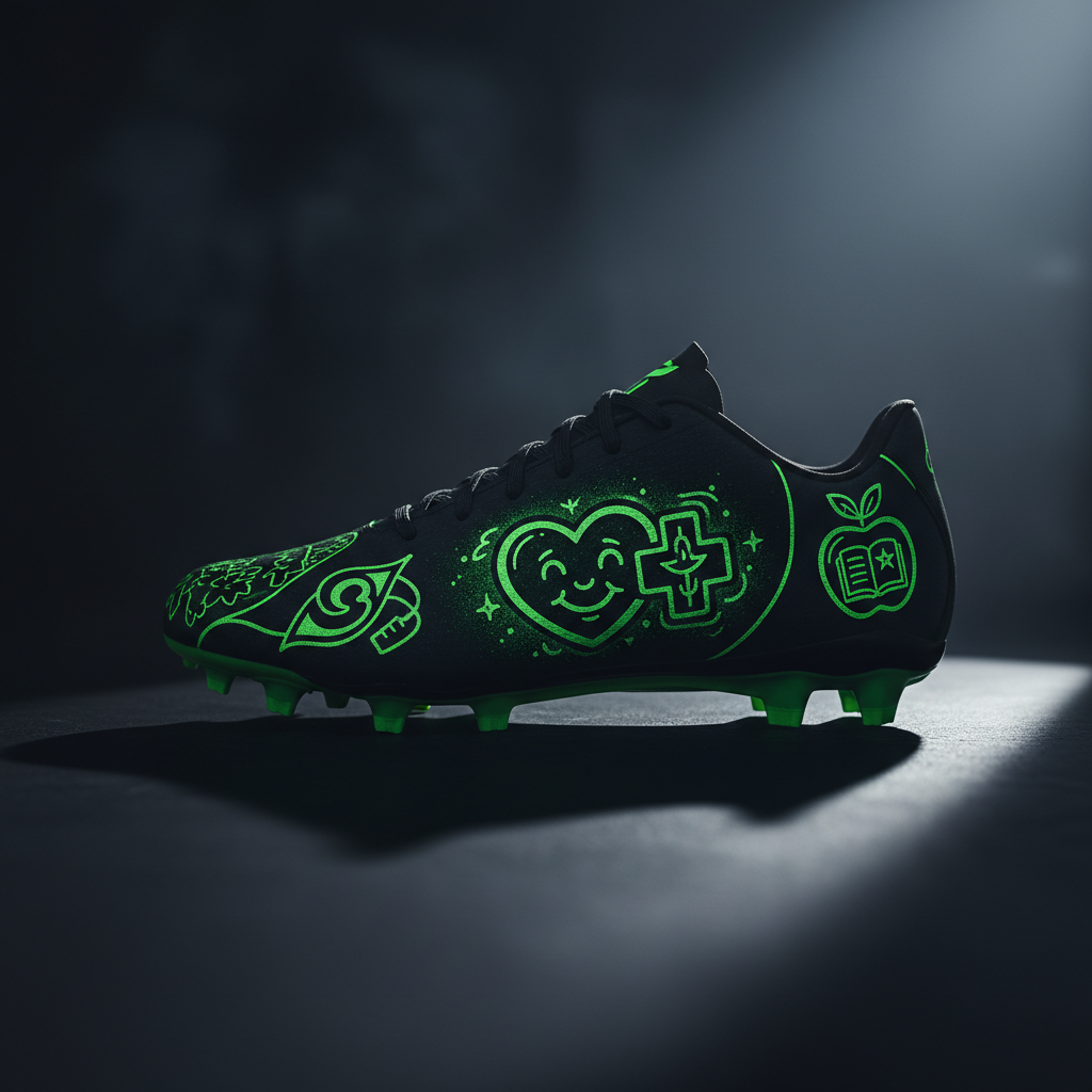 A custom football cleat with lime green accents on a dark background, decorated to support local schools and charities.