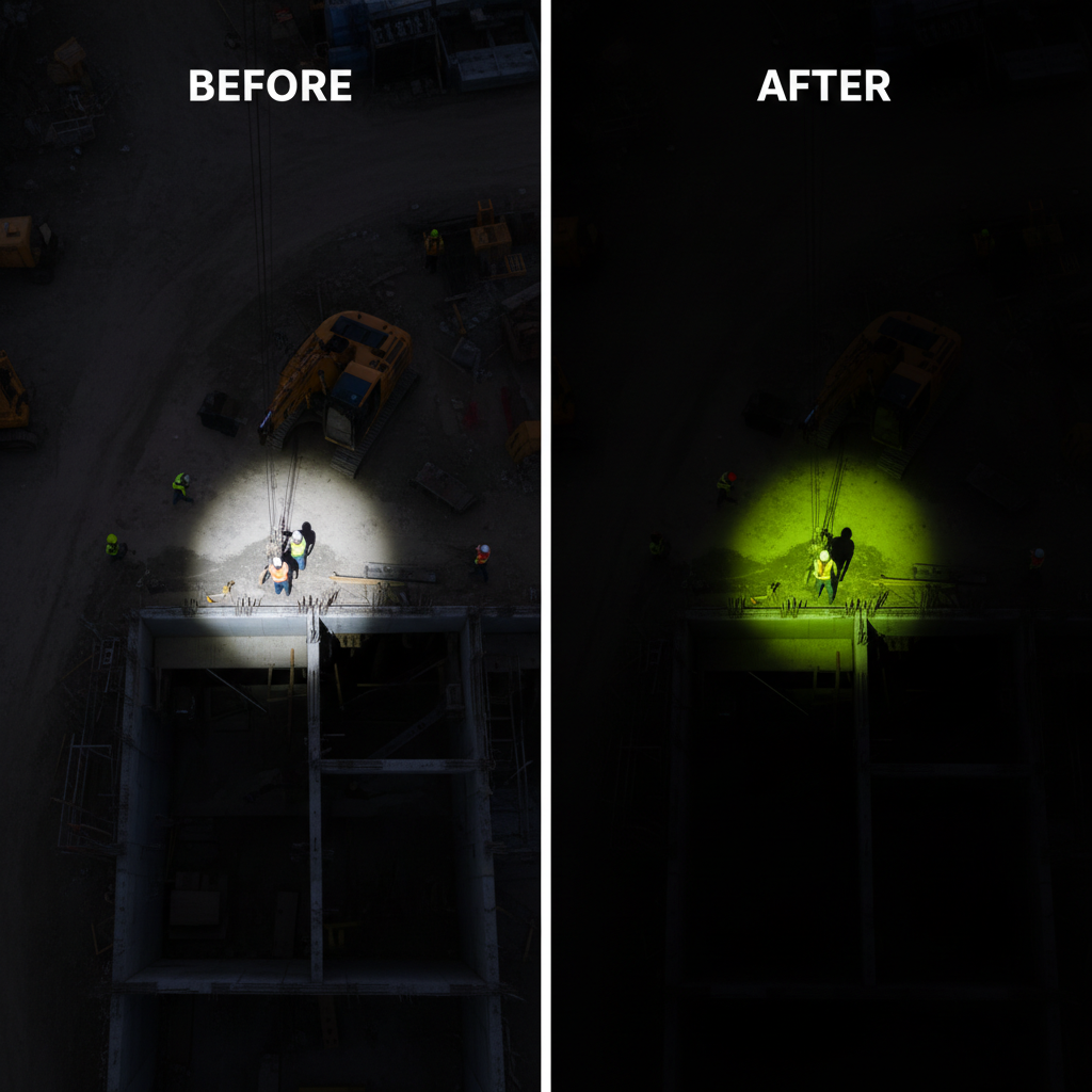 A call-out graphic with a lime green line and text box pointing to a person in a wide drone shot of a forest.