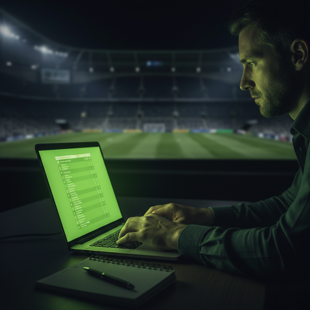 A vintage reporter notepad and pen with a lime green spotlight on a dark background