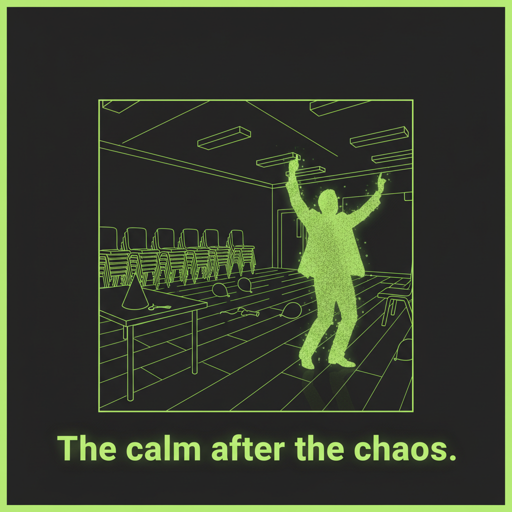 A graphic illustrating the calm after the storm feeling for a grassroots team, with a quiet room and a dancing figure, in a lime green and dark color scheme.