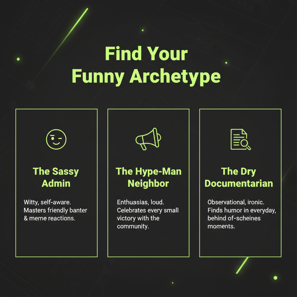 A graphic showing three funny archetypes for a sports club social media voice