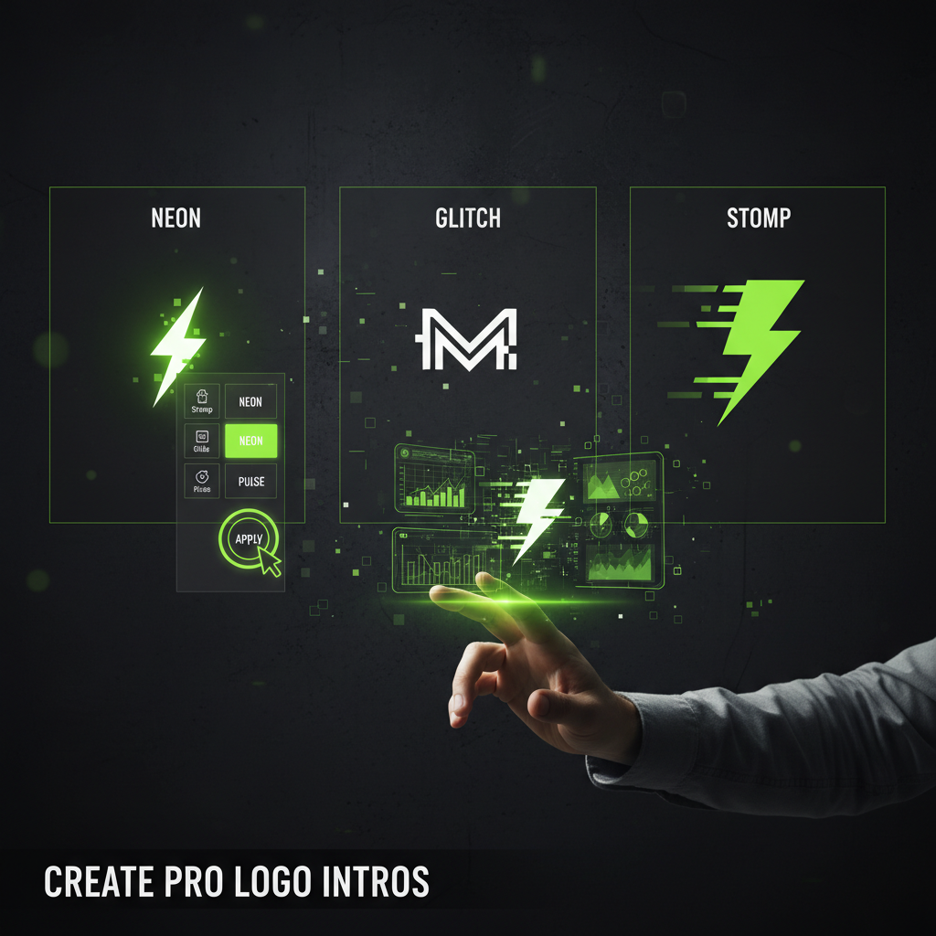 A simplified graphic of a content creation tool interface, showing how to apply a neon animation effect to a logo with one click.