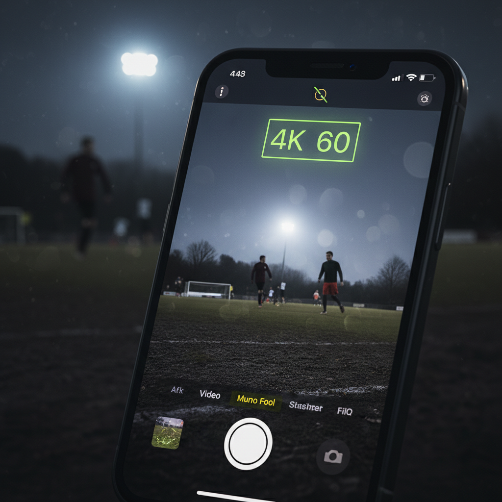 A budget-friendly iPhone filming setup with a tripod and telephoto lens for shooting a Sunday League football match.