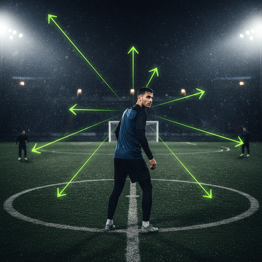 Close-up of a soccer player executing a perfect first touch under pressure, with lime green light effects highlighting their control.