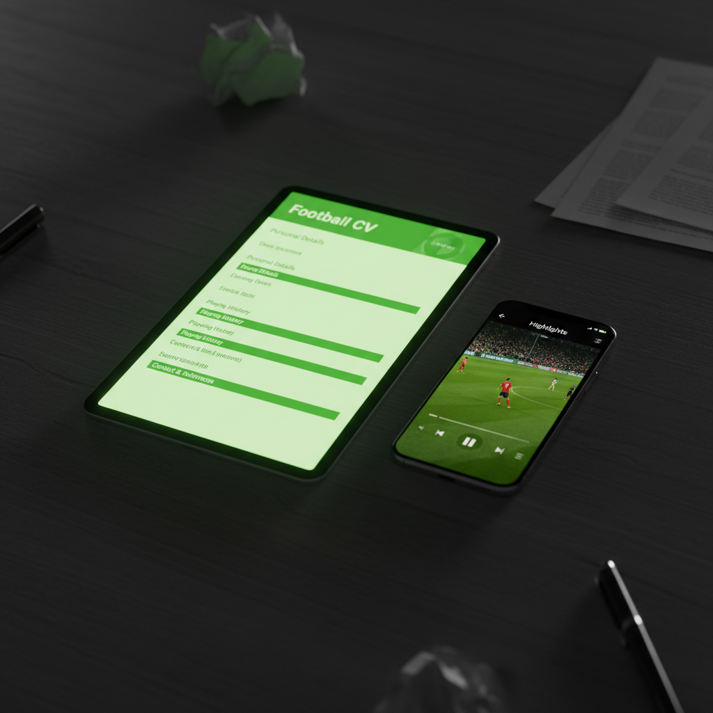 A Football CV and highlight video on a dark desk, representing essential tools for getting scouted.