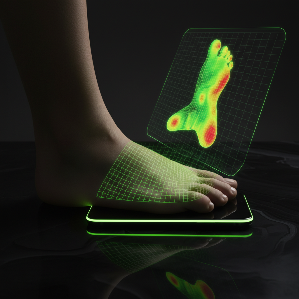 A smartphone using an app to perform a 3D scan of a foot, showing a lime green and red pressure map overlay for custom footwear.