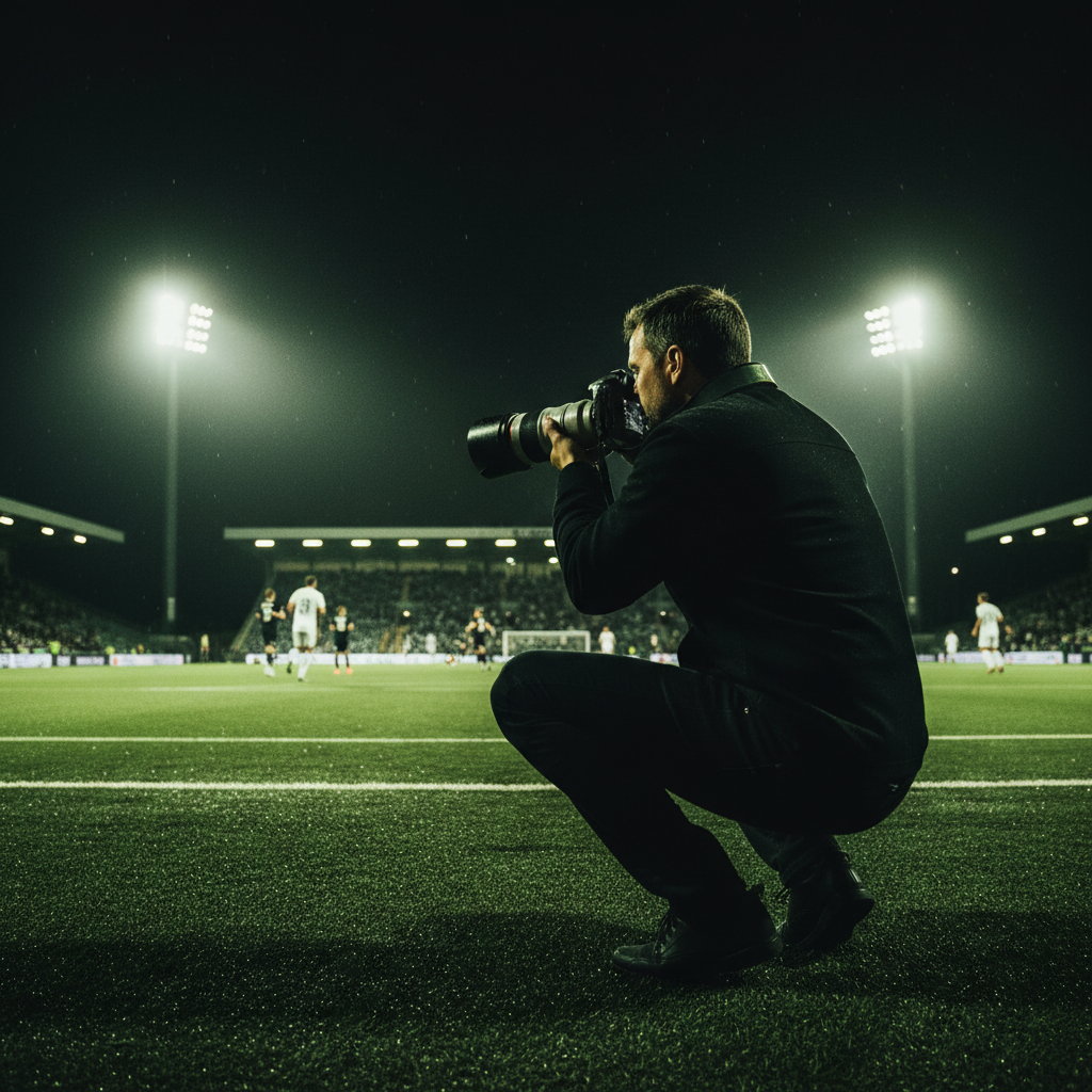 A well-equipped media hub with lime green accent lighting for journalists at a sports event.