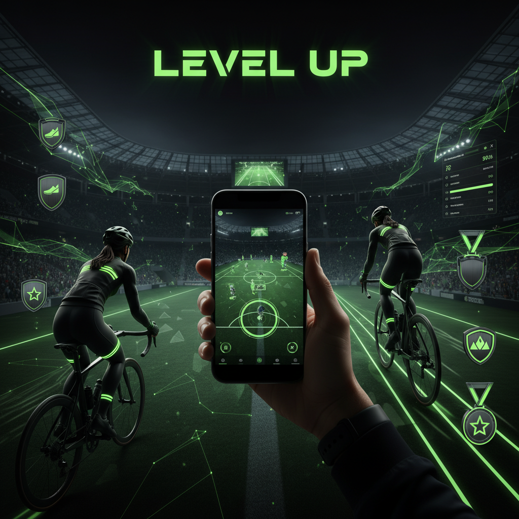A futuristic smart stadium displaying phygital augmented reality stats for fans on a smartphone.