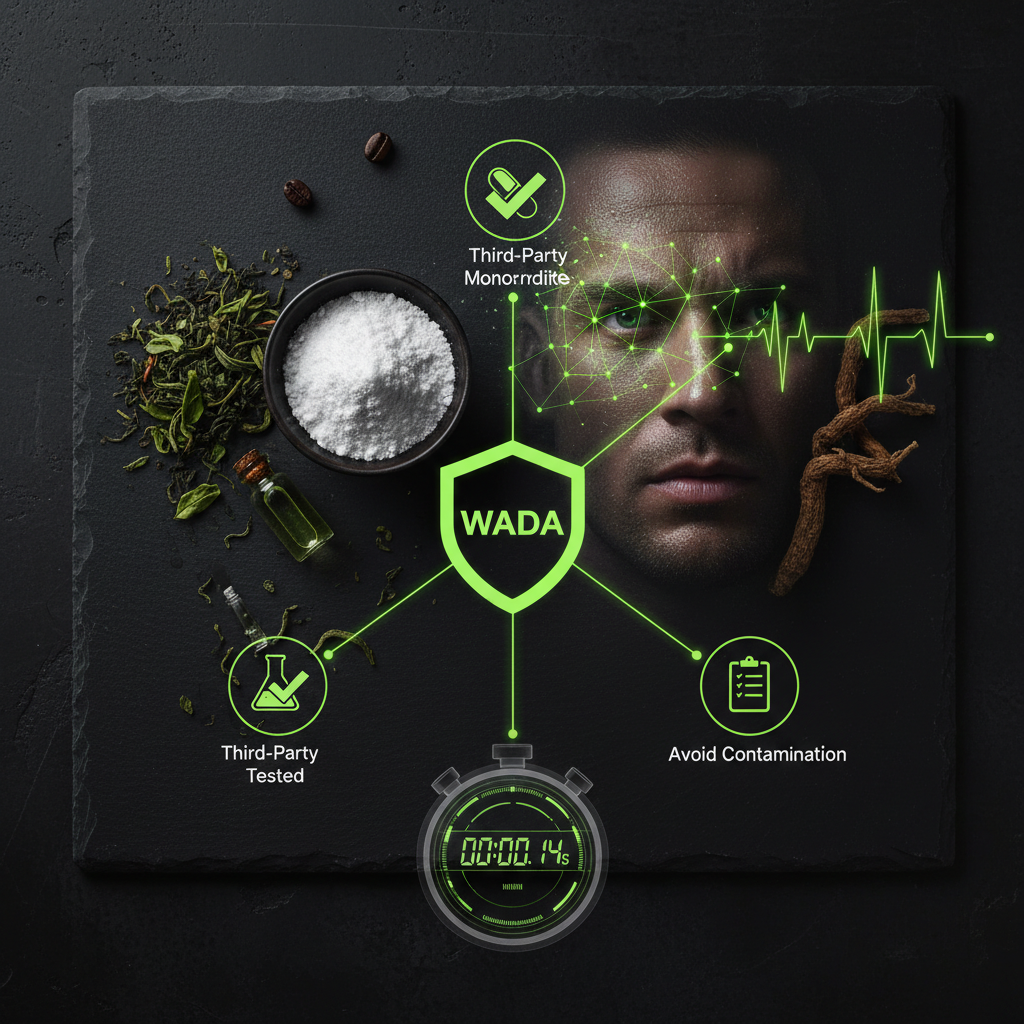 A selection of WADA-compliant nootropics for athletes, including creatine, L-Theanine, and Rhodiola Rosea, arranged in a dark and lime green color scheme.