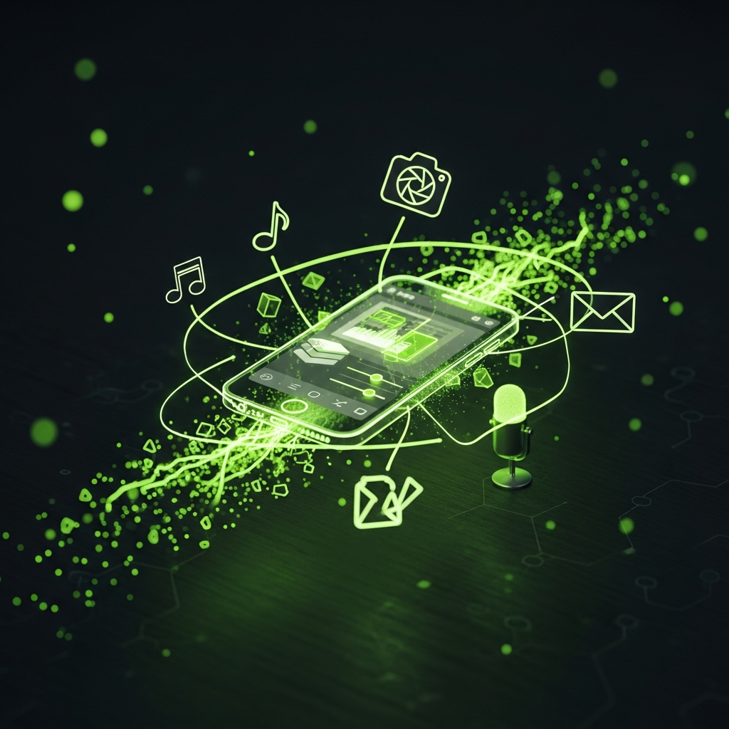 Technology and creativity visualization with glowing smartphone and social media icons