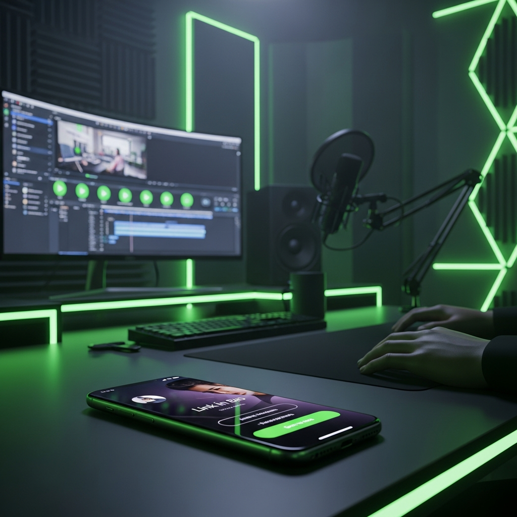 A futuristic workspace with neon lime green highlights and a mobile phone displaying a bio link page