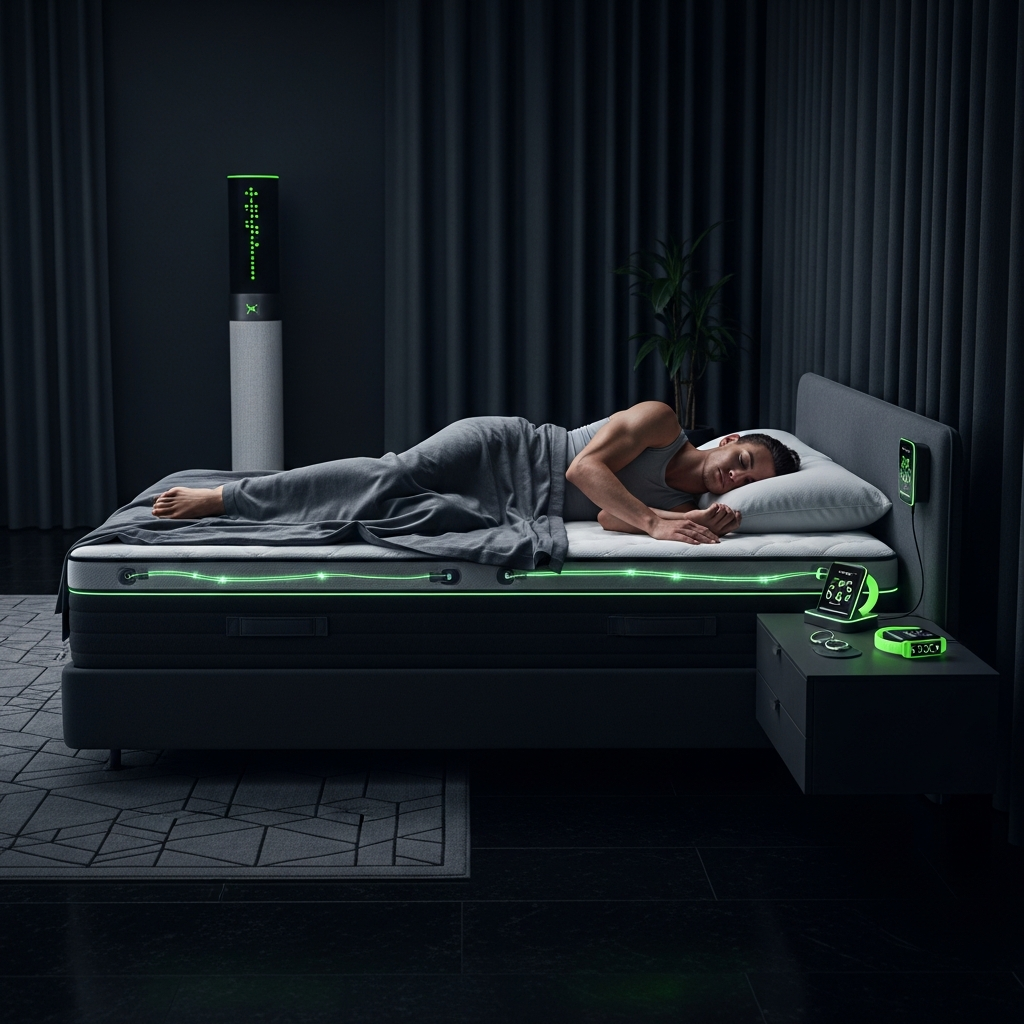 A futuristic athlete bedroom featuring an active cooling mattress with subtle lime green glowing lines and high-tech minimalist decor