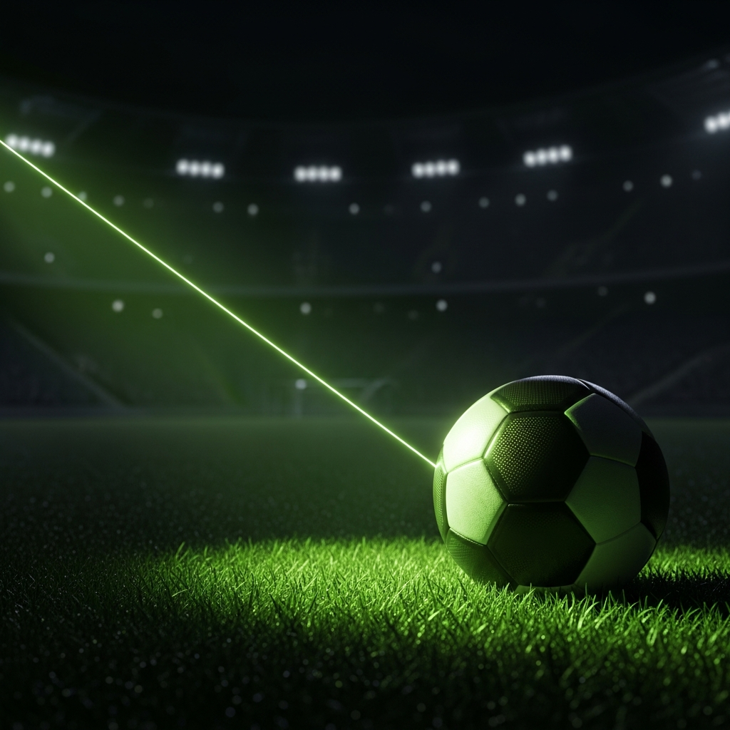 A hyper-realistic, dramatic 16:9 thumbnail with a dark tone featuring a modern soccer ball on lush grass illuminated by a lime green beam