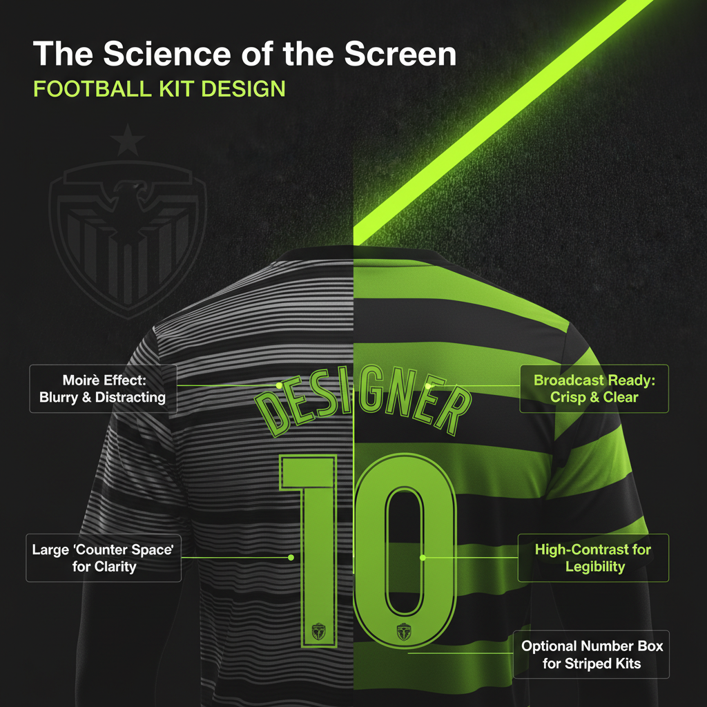 Infographic explaining professional typography on a football kit, highlighting high-contrast color and font legibility for broadcast.