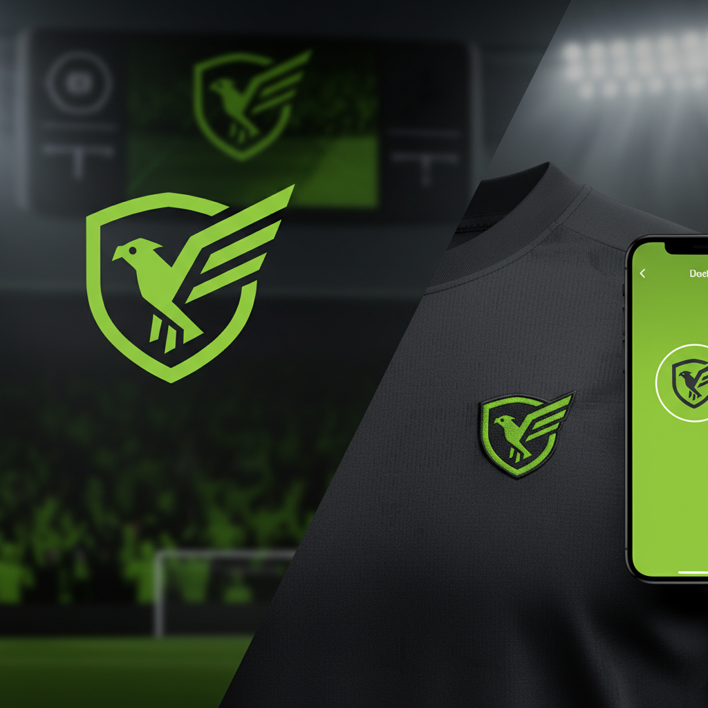 An illustration of a football crest's scalability, showing the same design on a stadium screen, a jersey, and a mobile app icon.